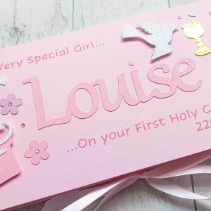 Communion name card for girls pink