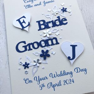 Wedding bride & groom with initial hearts navy